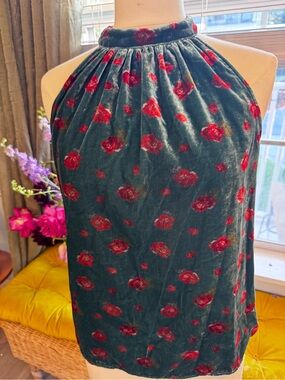 LOFT Velvet Halter Top with Red Rose Print